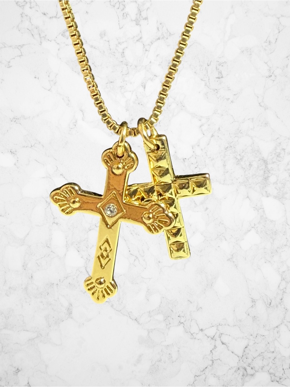 Baublebar Dual Cross Rhinestone Gold Tone Statement Necklace 28” Box Chain NWT - Picture 2 of 9